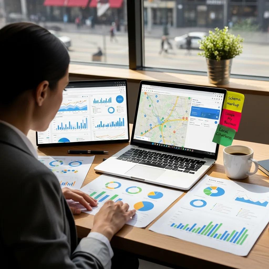 Business owner reviewing local SEO strategies on a laptop in a bright office