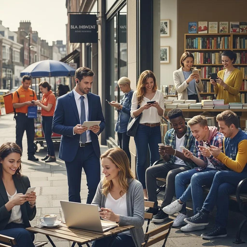 People engaging with mobile devices in local settings, highlighting the importance of mobile SEO