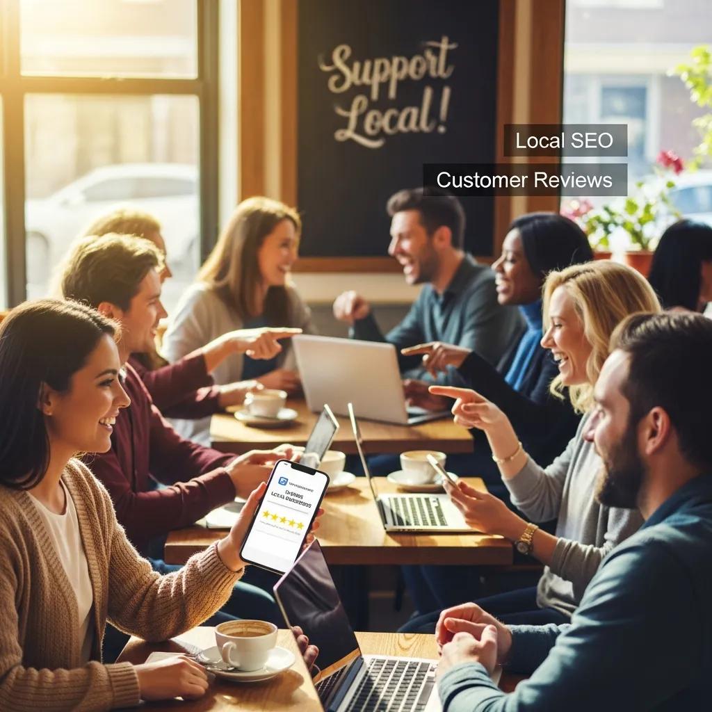 Diverse group of people sharing positive experiences about local businesses, highlighting the importance of customer reviews in local SEO.