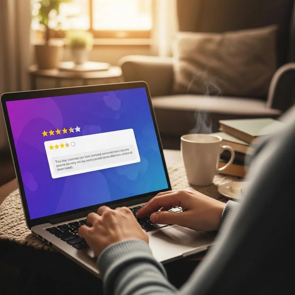 Person leaving a positive online review — reviews strengthen local SEO and trust