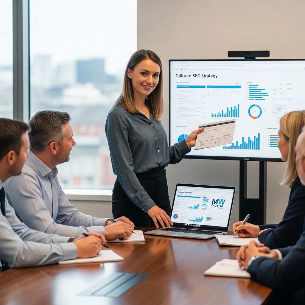 Digital marketing consultant presenting tailored SEO strategy to Yorkshire business owners