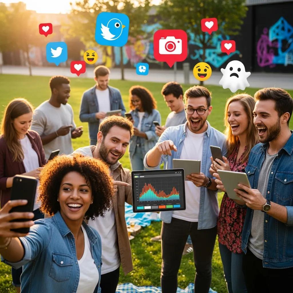 Diverse individuals engaging with social media in an outdoor setting, illustrating the power of social media marketing