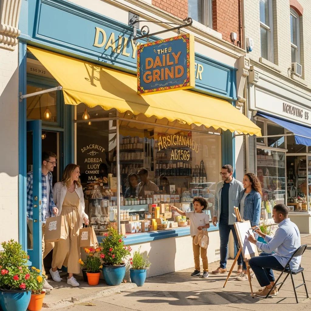 Local business storefront with customers, emphasizing community engagement and online visibility