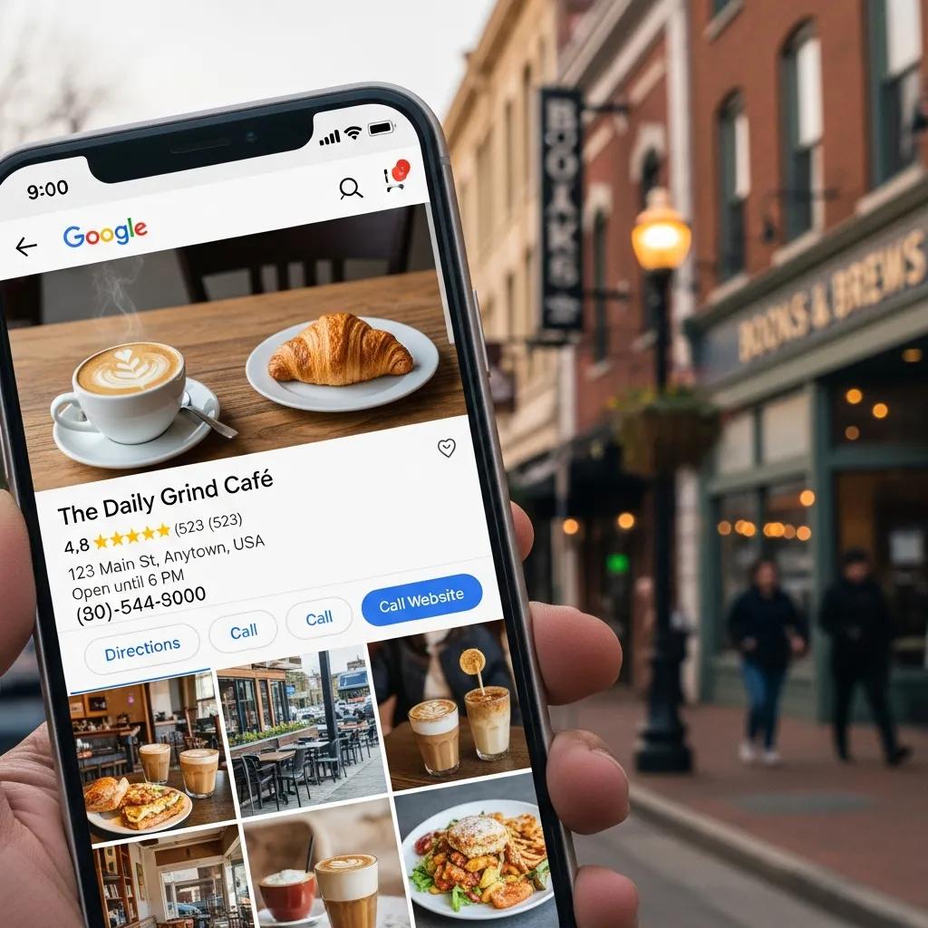 Smartphone showing a Google Business Profile with address, hours and photos