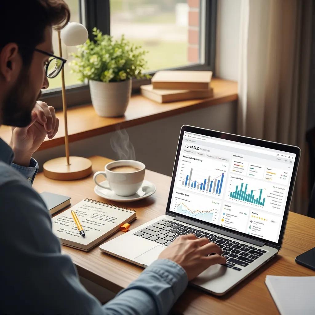 Small business owner reviewing local SEO data on a laptop in a cozy office