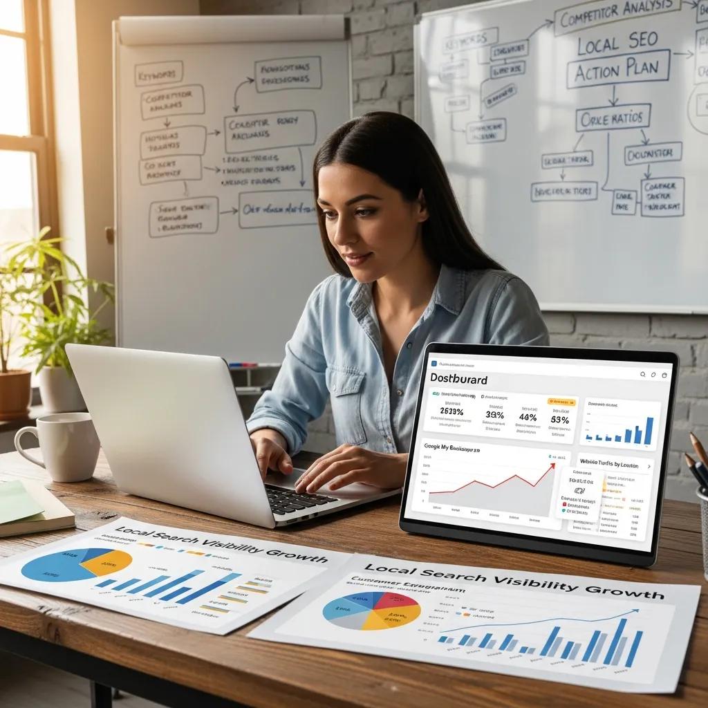 Small business owner checking local listings and maps as part of a local SEO review