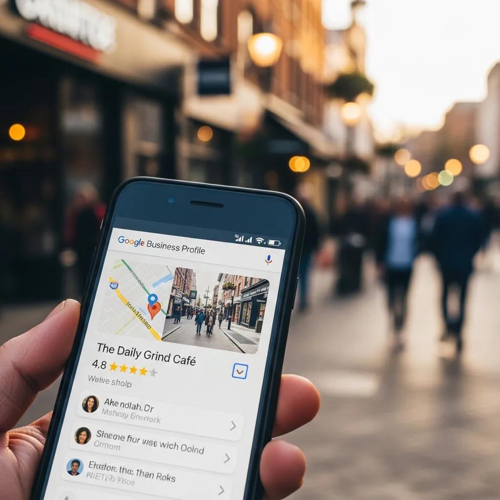Mobile view of a Google Business Profile listing with map and reviews, illustrating local search visibility