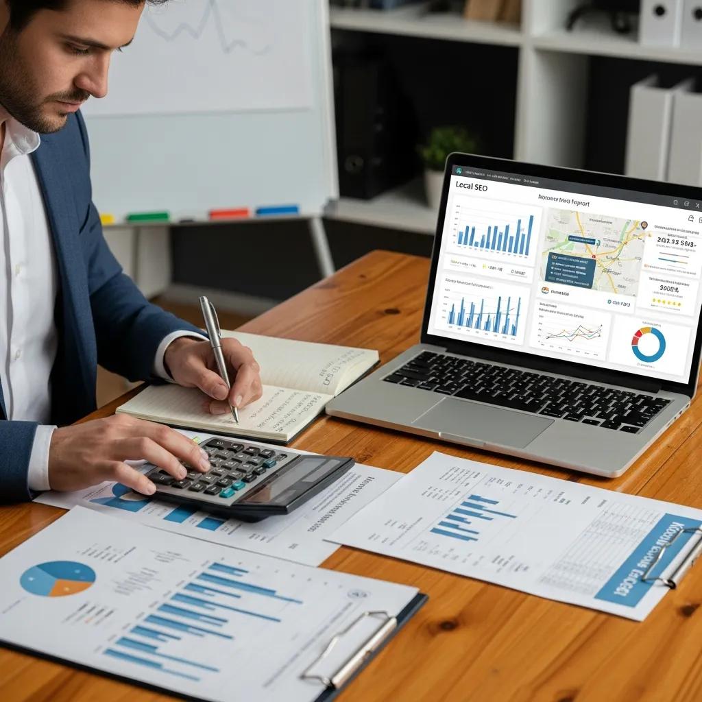 Analyst calculating local SEO ROI with documents and a laptop