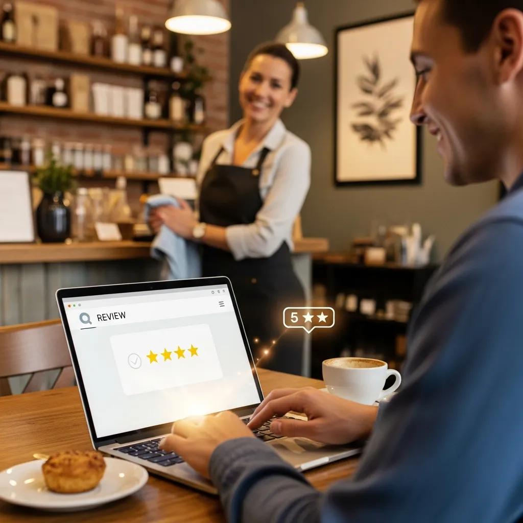 Customer typing a positive review on a laptop in a small business environment