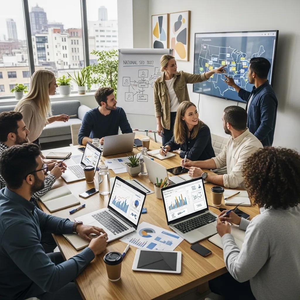 Team planning national SEO strategy — content, keywords and links