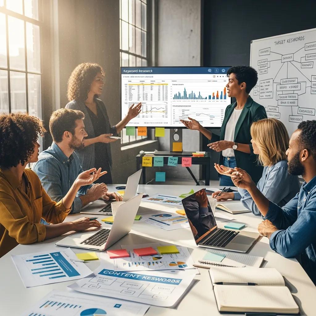 Marketing team collaborating on SEO strategy — keyword research and content planning