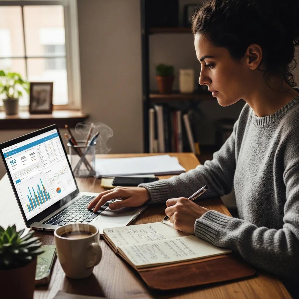 Local business owner reviewing SEO metrics on a laptop in a cozy office
