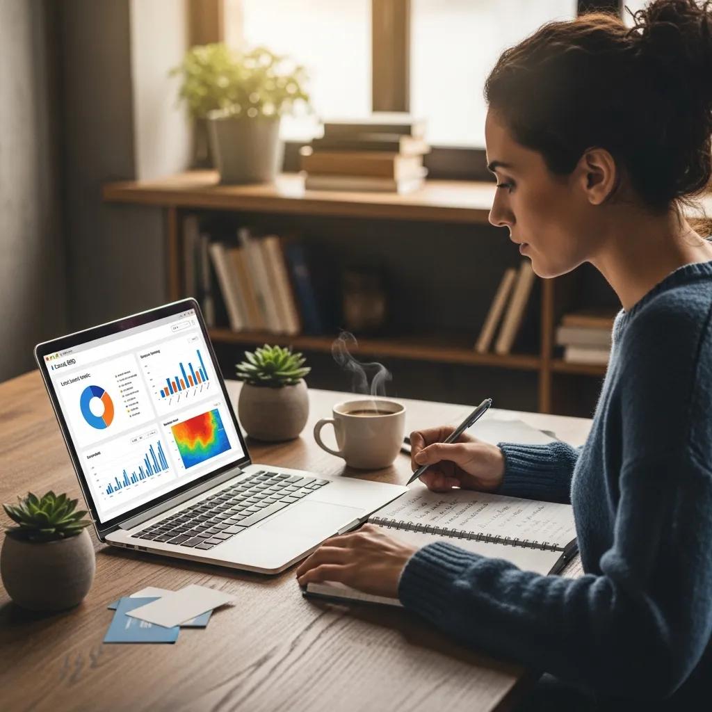 Small business owner analyzing local SEO data on a laptop in a cozy office