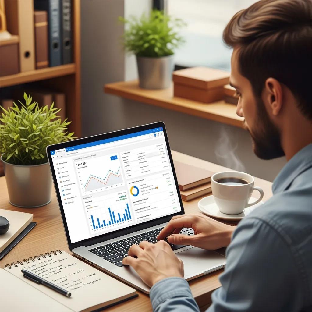 Small business owner analyzing local SEO strategies on a laptop in a cozy office