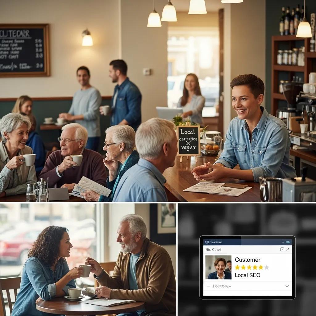Small business owner engaging with customers in a local coffee shop, highlighting the importance of local SEO