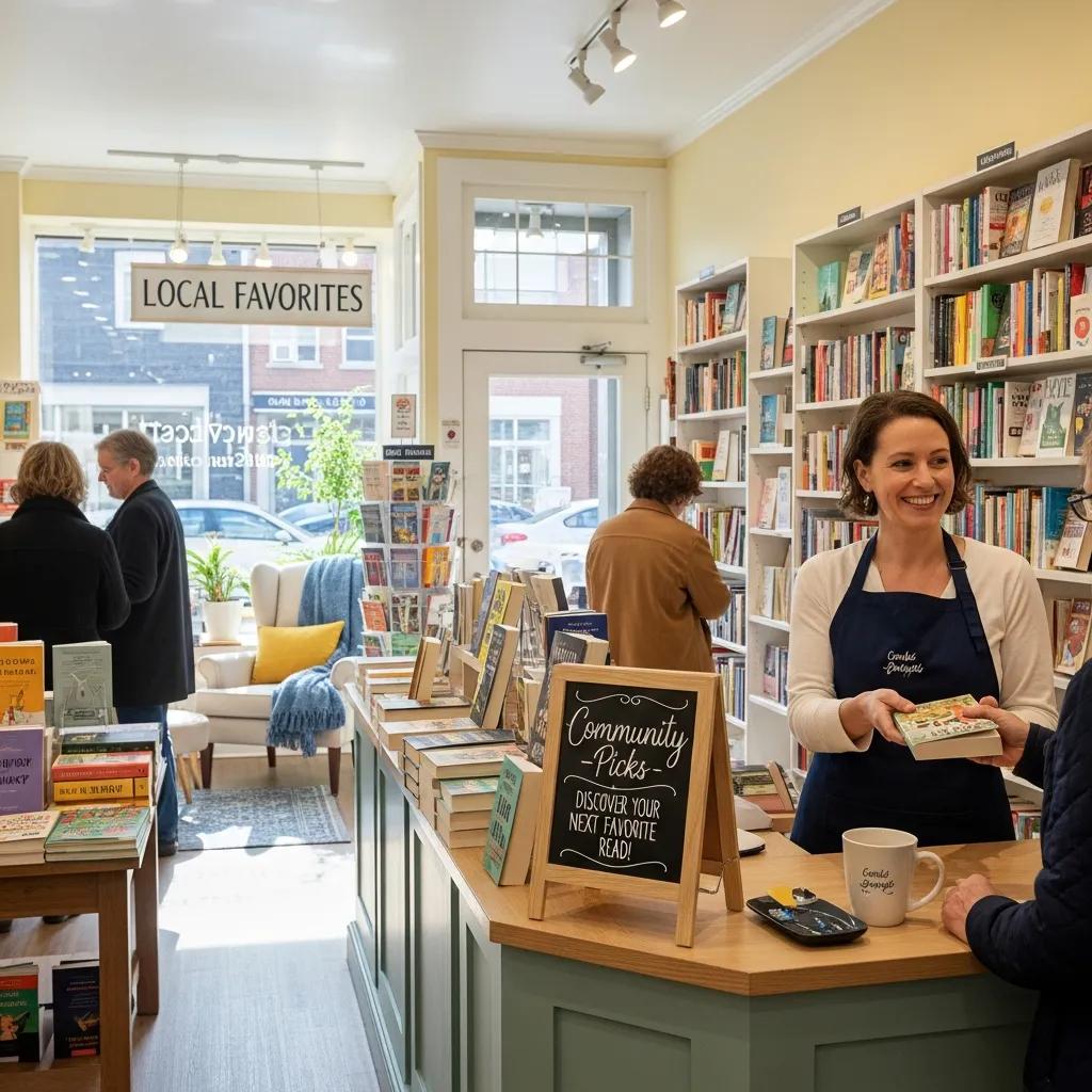 Small business owner engaging with customers in a welcoming local shop, emphasizing community and local SEO