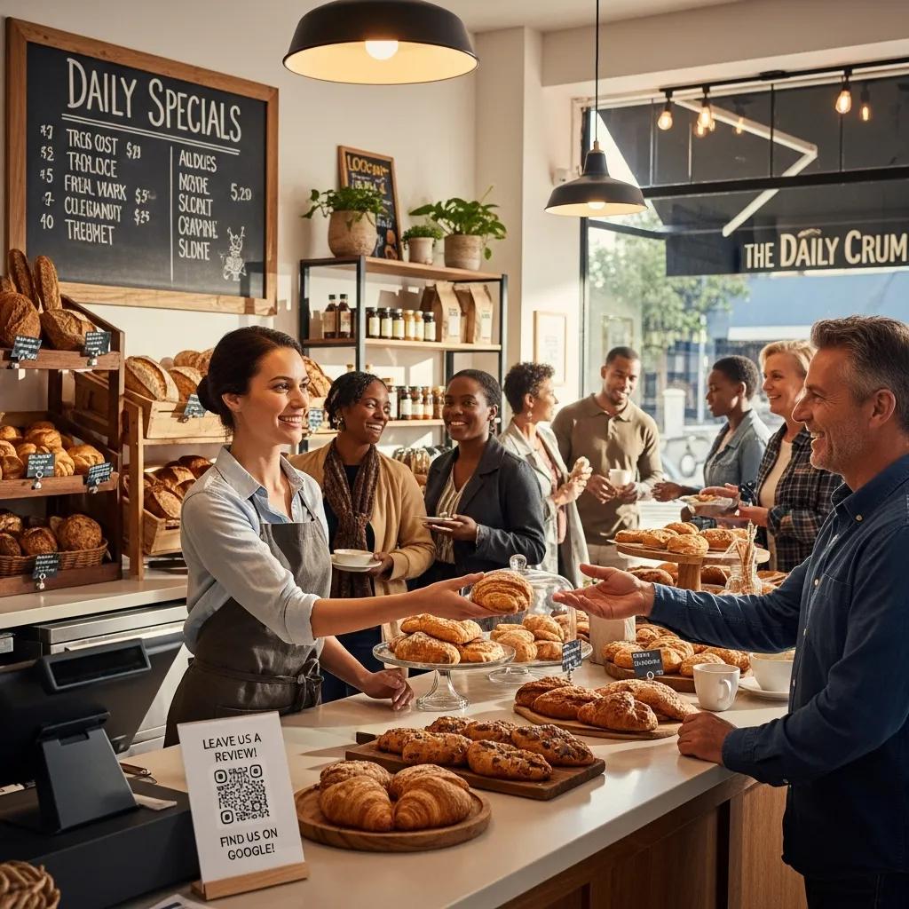 Small business owner engaging with customers, representing local SEO success