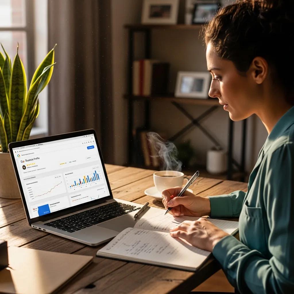 Small business owner reviewing Google Business Profile for local SEO optimization
