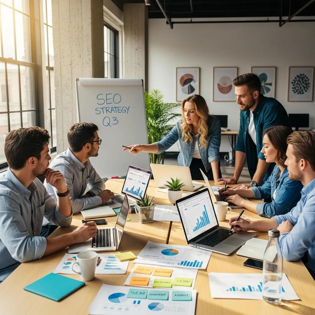 Team of professionals collaborating on SEO strategies in a modern office