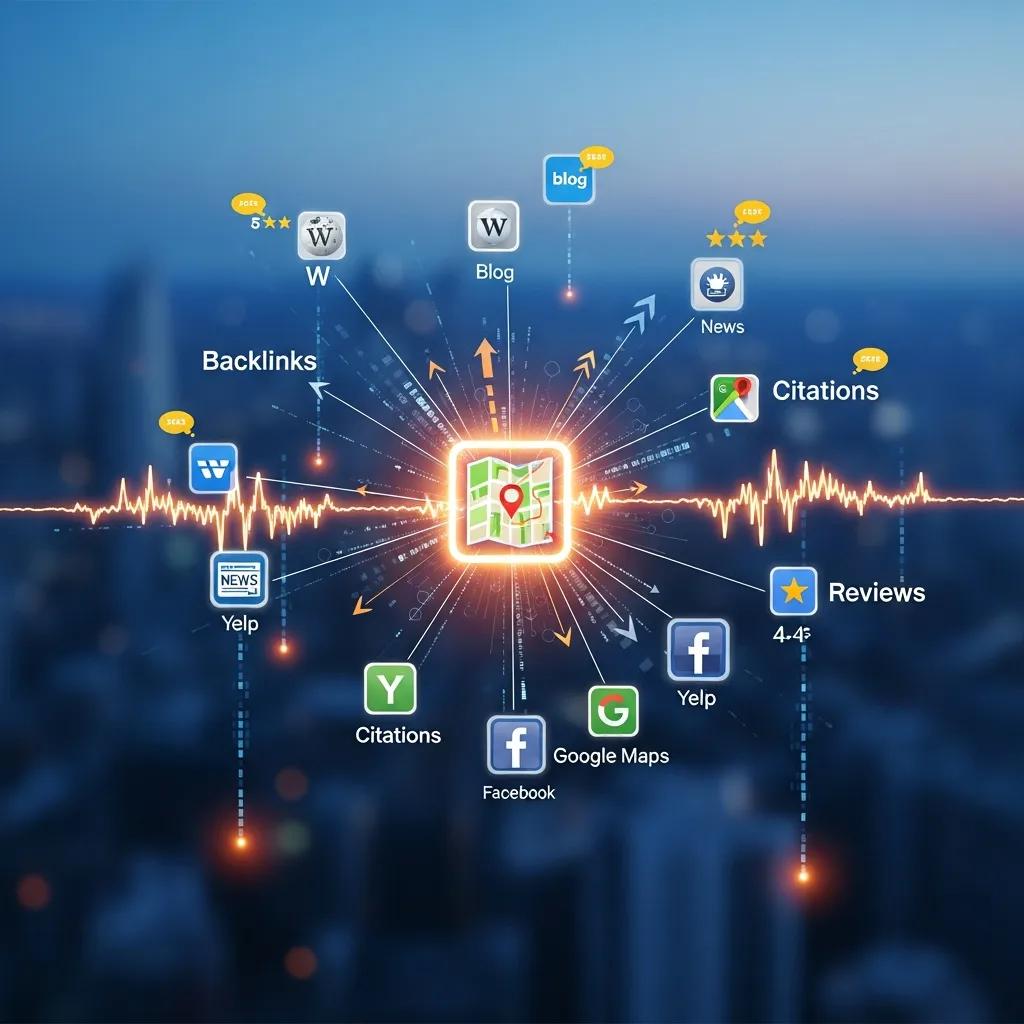 Graphic showing backlinks, citations and reviews as pillars of local SEO