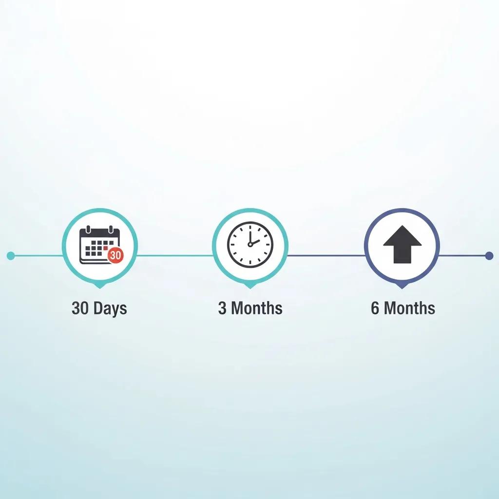 Timeline visual showing local SEO milestones at 30 days, 3 months and 6 months