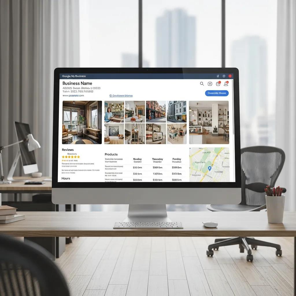 Google My Business profile displayed on a computer screen, showcasing reviews, product listings, and location map, emphasizing local business optimization for customer engagement and visibility.