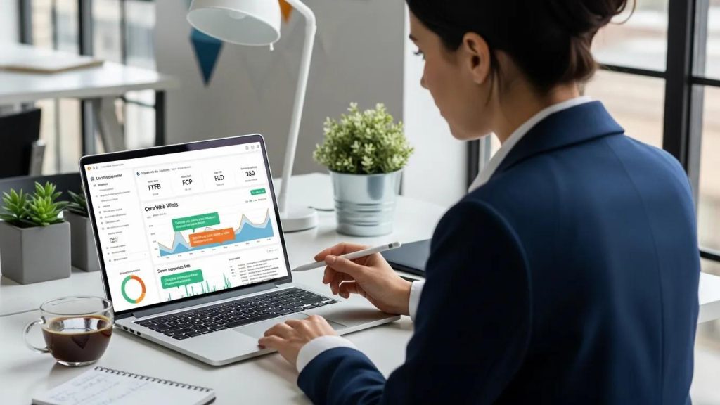 Professional conducting a technical SEO audit on a laptop in a modern office setting