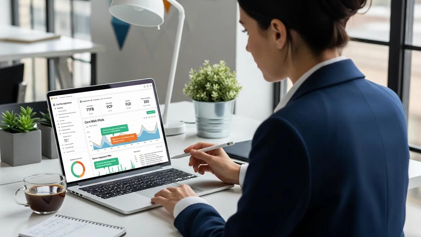 Professional conducting a technical SEO audit on a laptop in a modern office setting