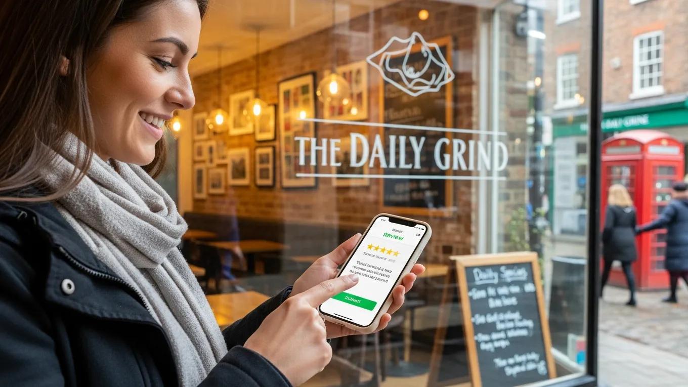 Satisfied customer leaving a review on a mobile device in a local York café