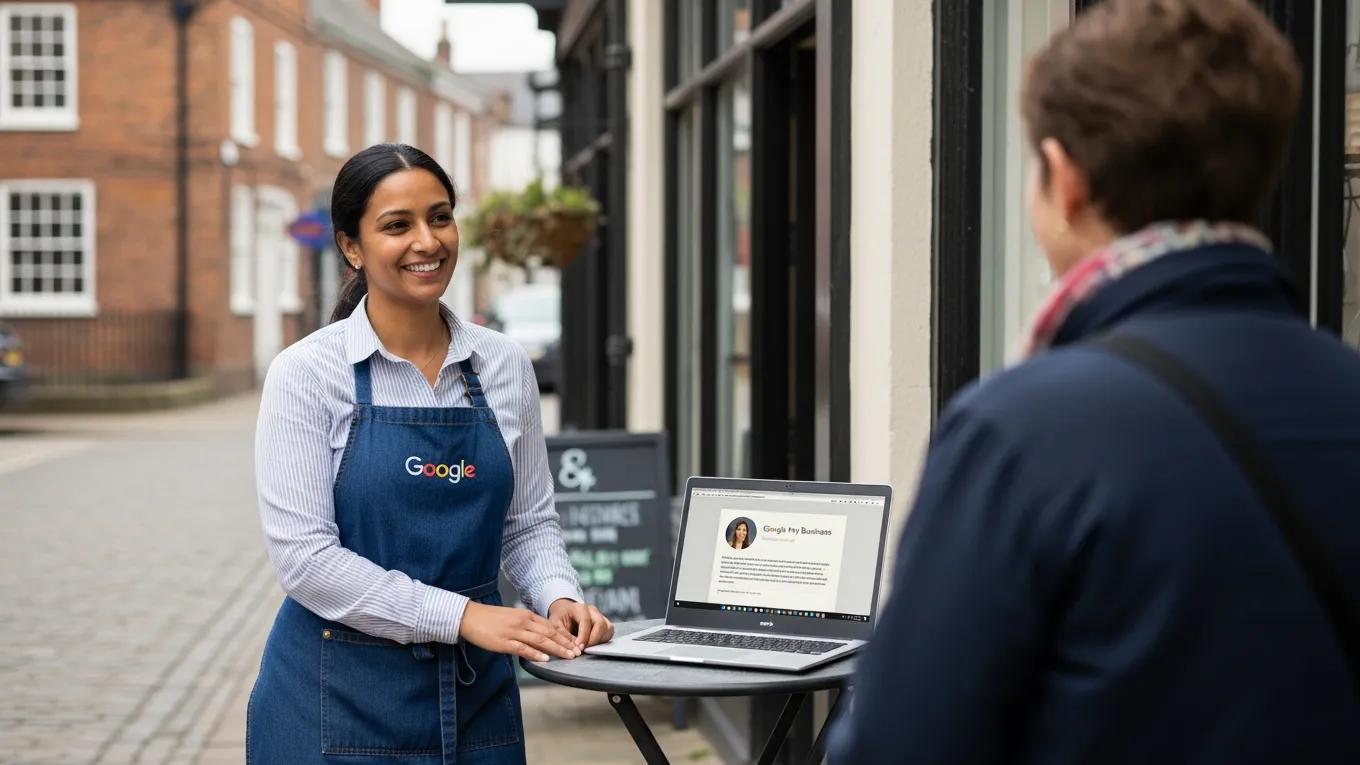 Small business owner in York with Google My Business profile on laptop
