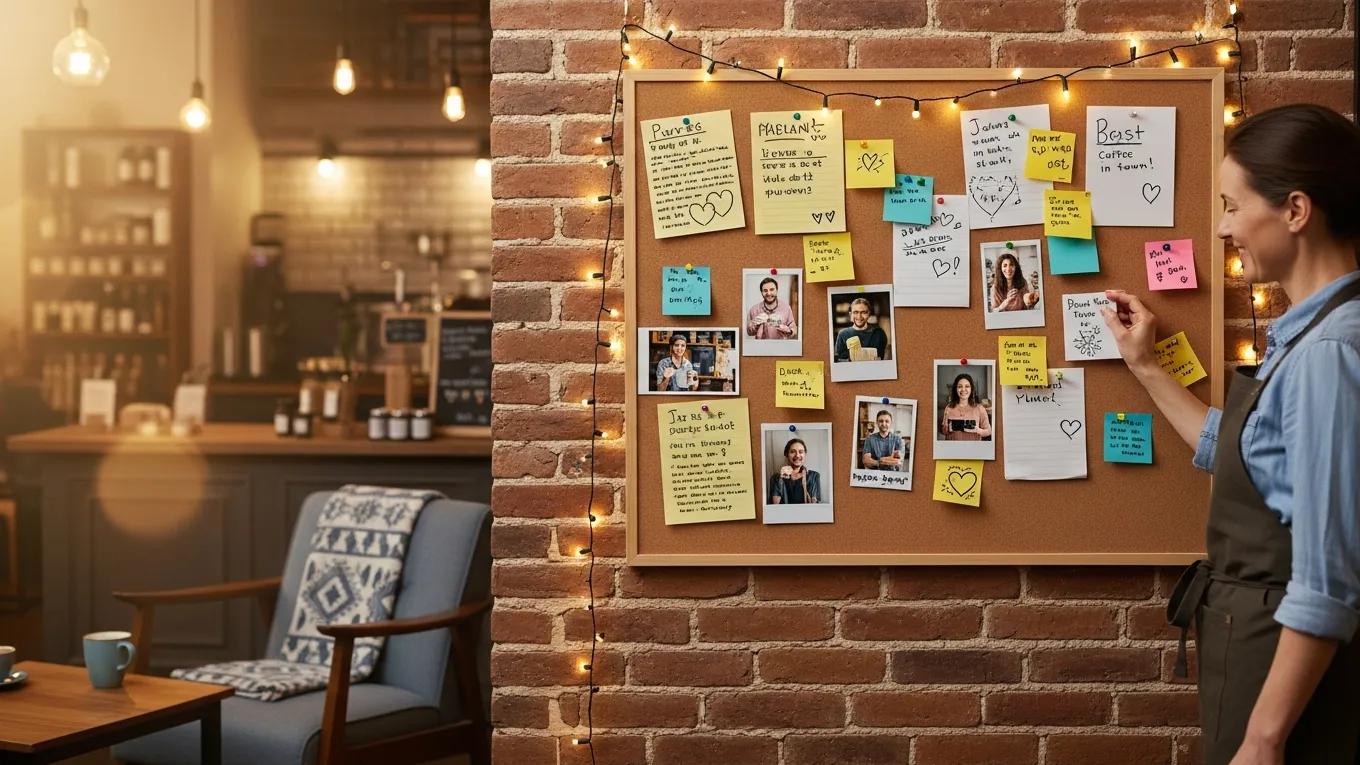 Bulletin board of customer testimonials displayed in a small shop
