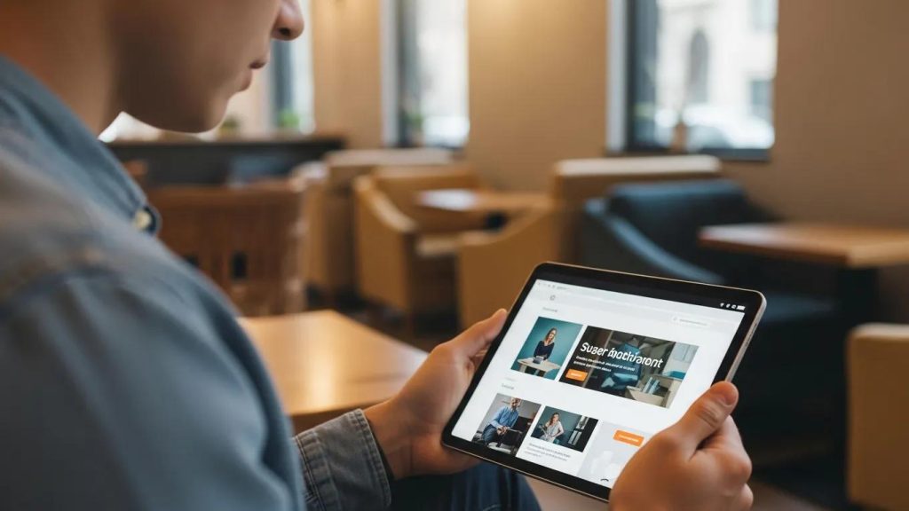 User testing a website on a tablet in a modern café, highlighting user experience design