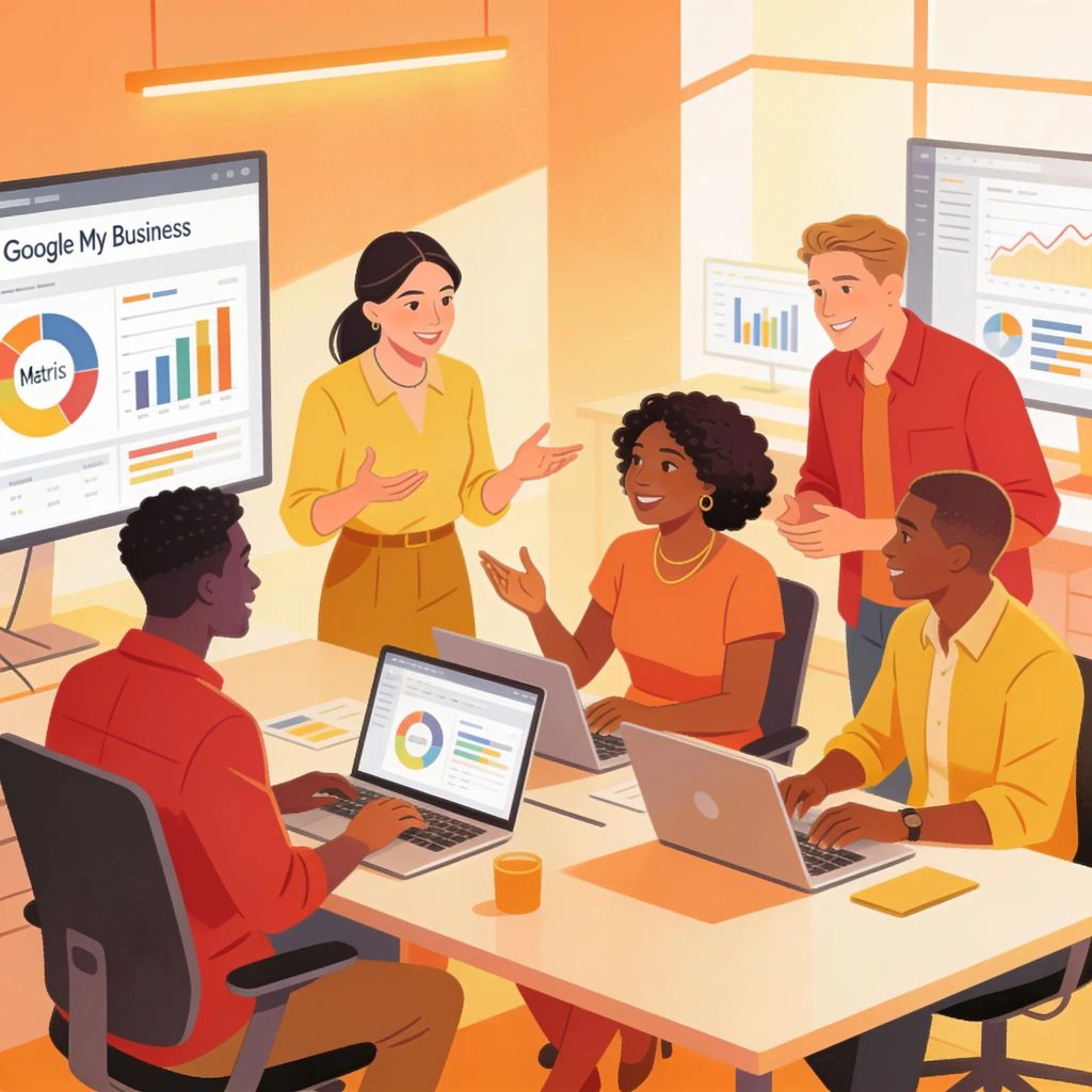 Diverse business owners collaborating on local SEO strategies for Google Maps visibility