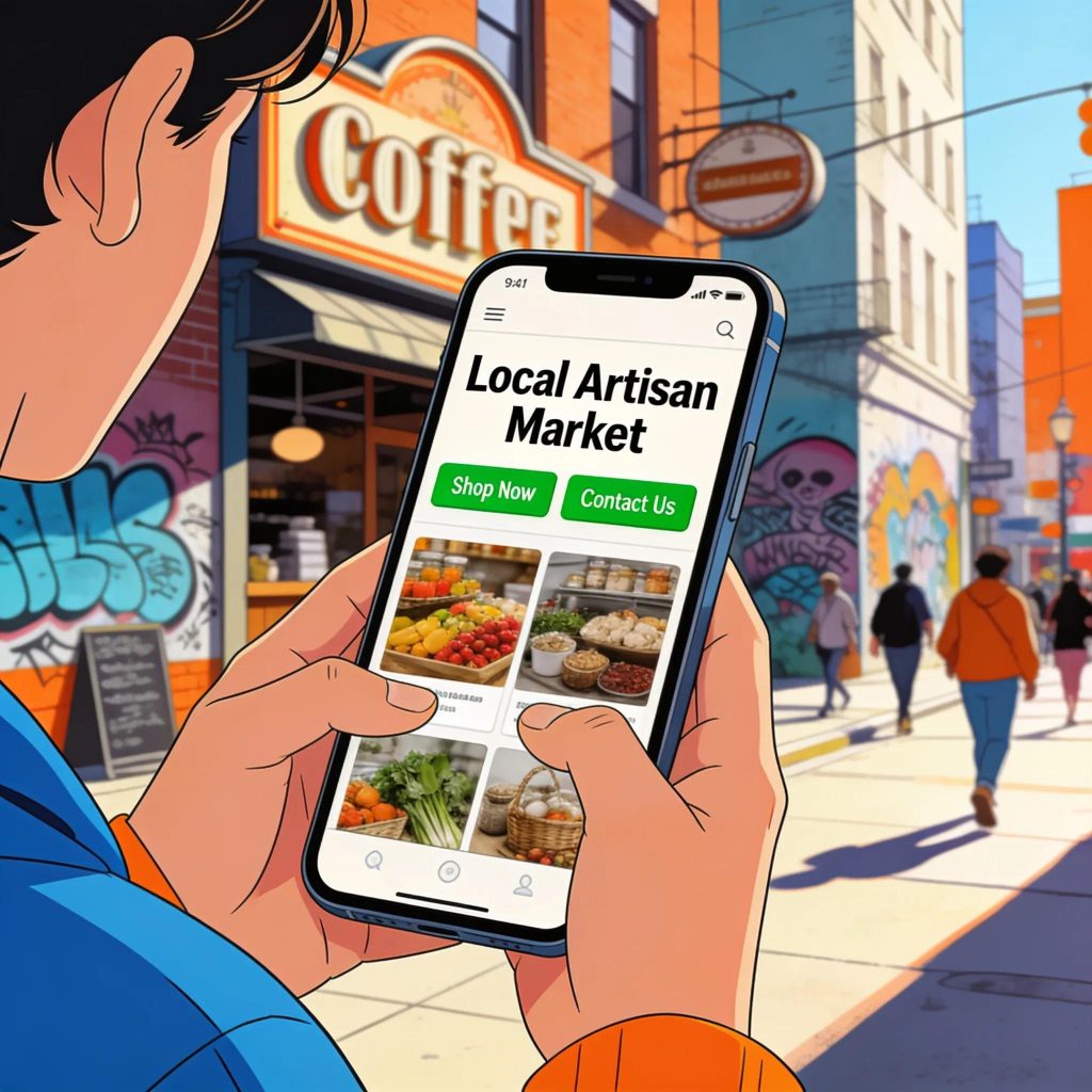 User interacting with a smartphone displaying a local business's mobile website, highlighting mobile-first design importance