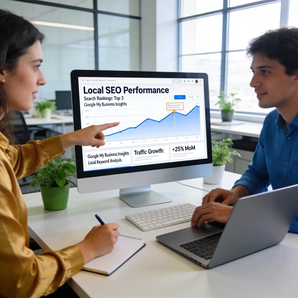 Computer screen showing local SEO metrics in a modern office setting