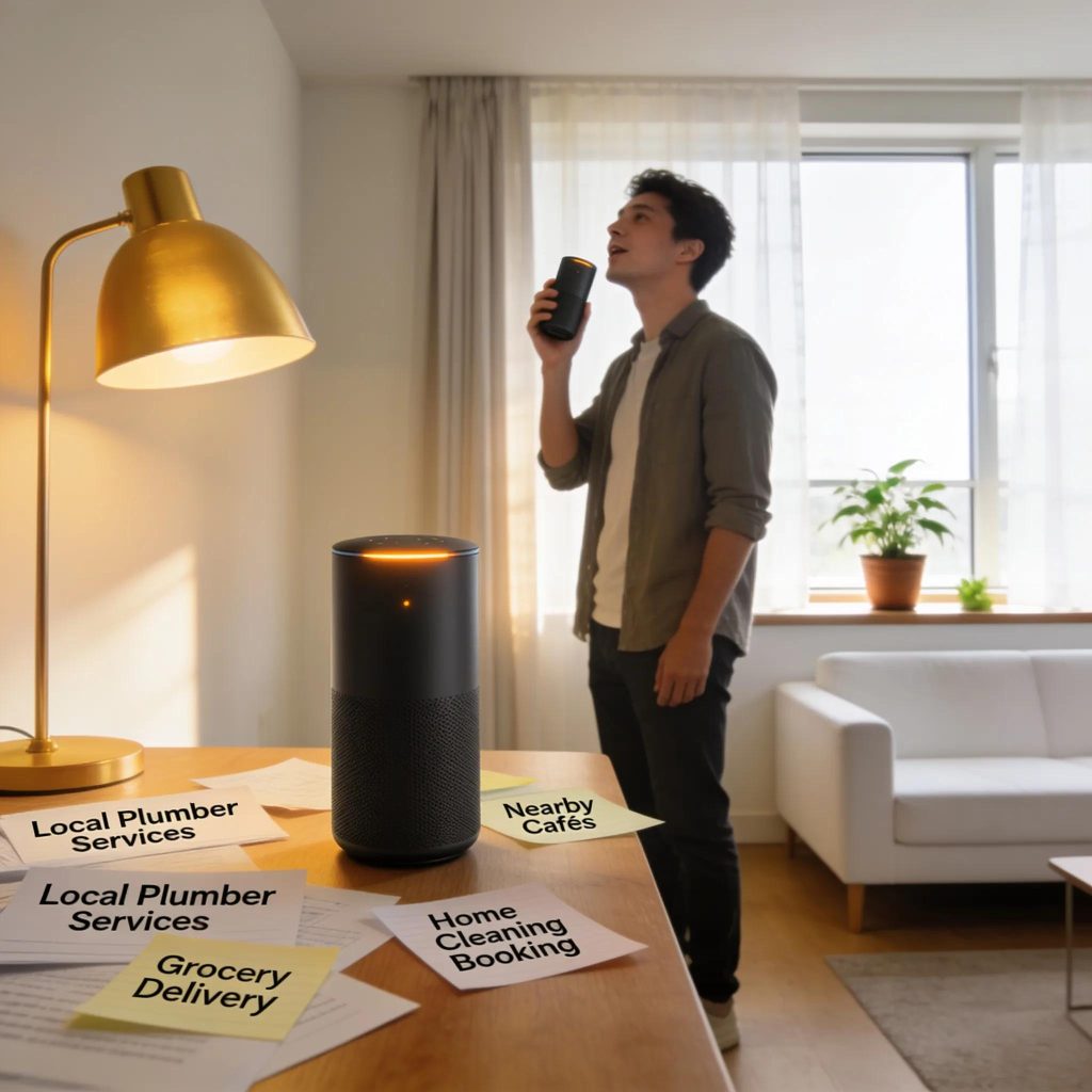 Person using a smart speaker in a modern living room to inquire about local services