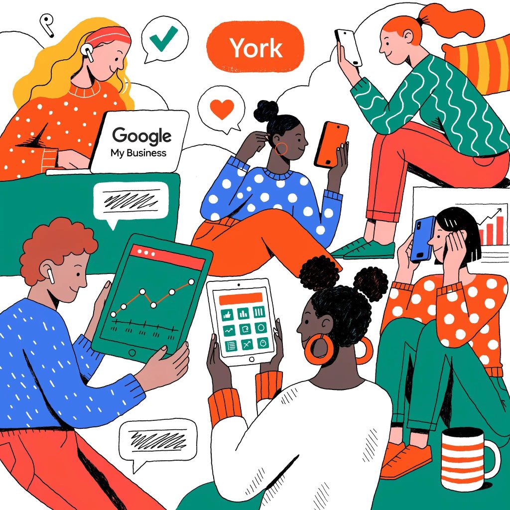 Small business owners in York optimizing Google My Business listings collaboratively