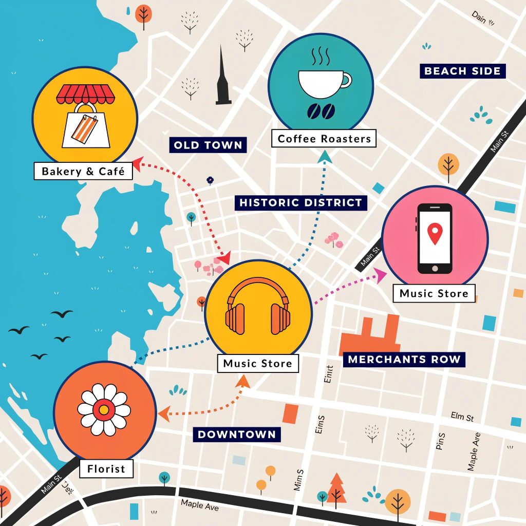 Digital representation of a multi-location business strategy emphasizing SEO visibility
