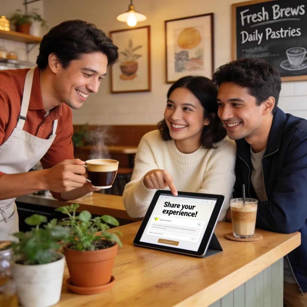 A barista engaging with customers to collect positive reviews for business reputation management