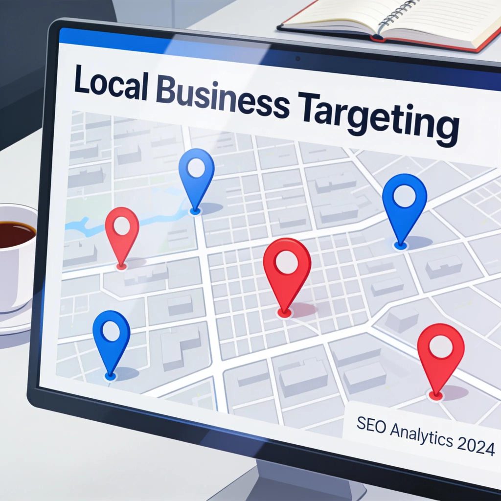 Computer screen with city map highlighting local businesses, symbolizing geo-targeting in SEO strategies