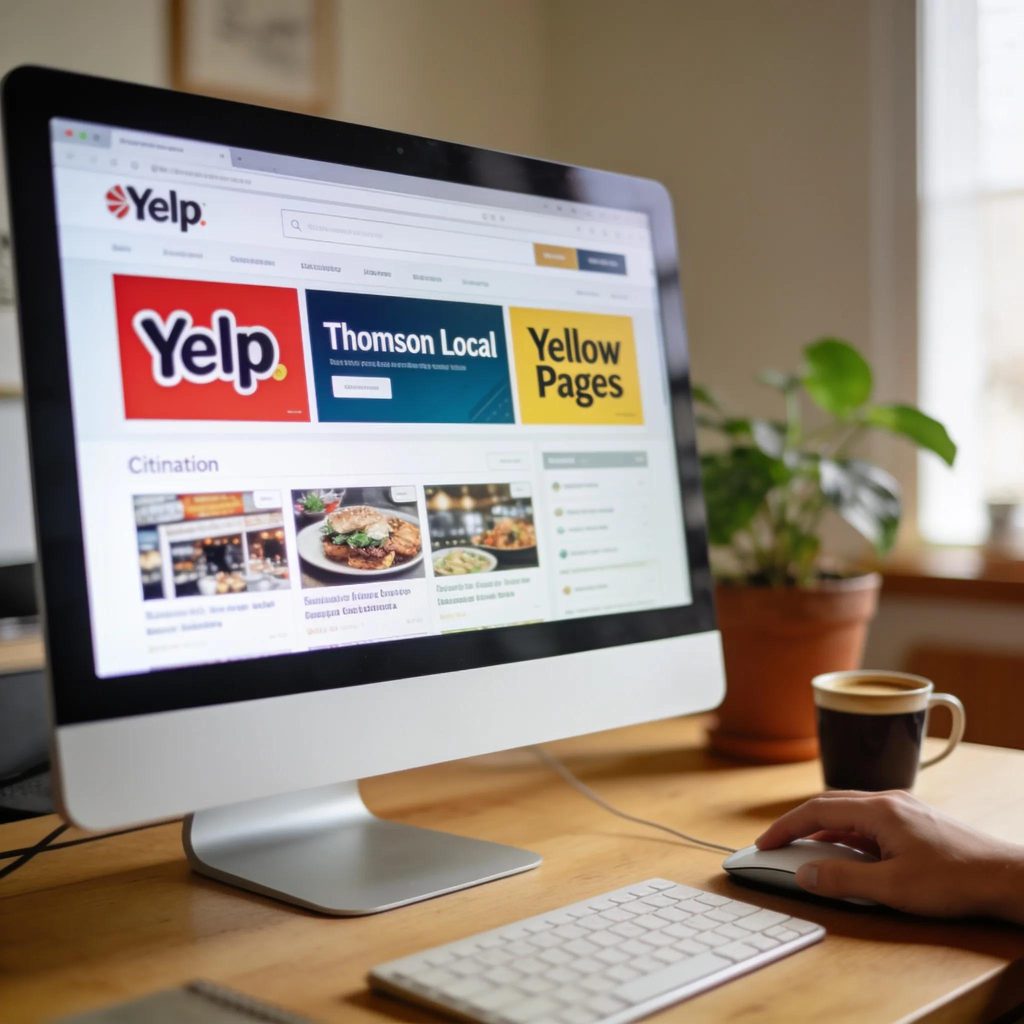 Close-up of a hand navigating through local business listing websites in a cozy home office setting